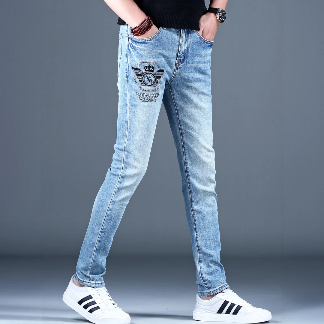 MR.25弹力烫钻牛仔裤男款潮流修身小脚裤秋季高端水洗蓝色休闲裤