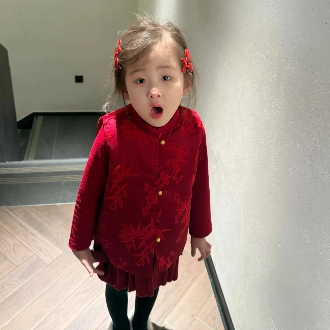 壹妈童装秋冬季新款马年新年服套装时髦红色唐装马甲洋气上衣半裙