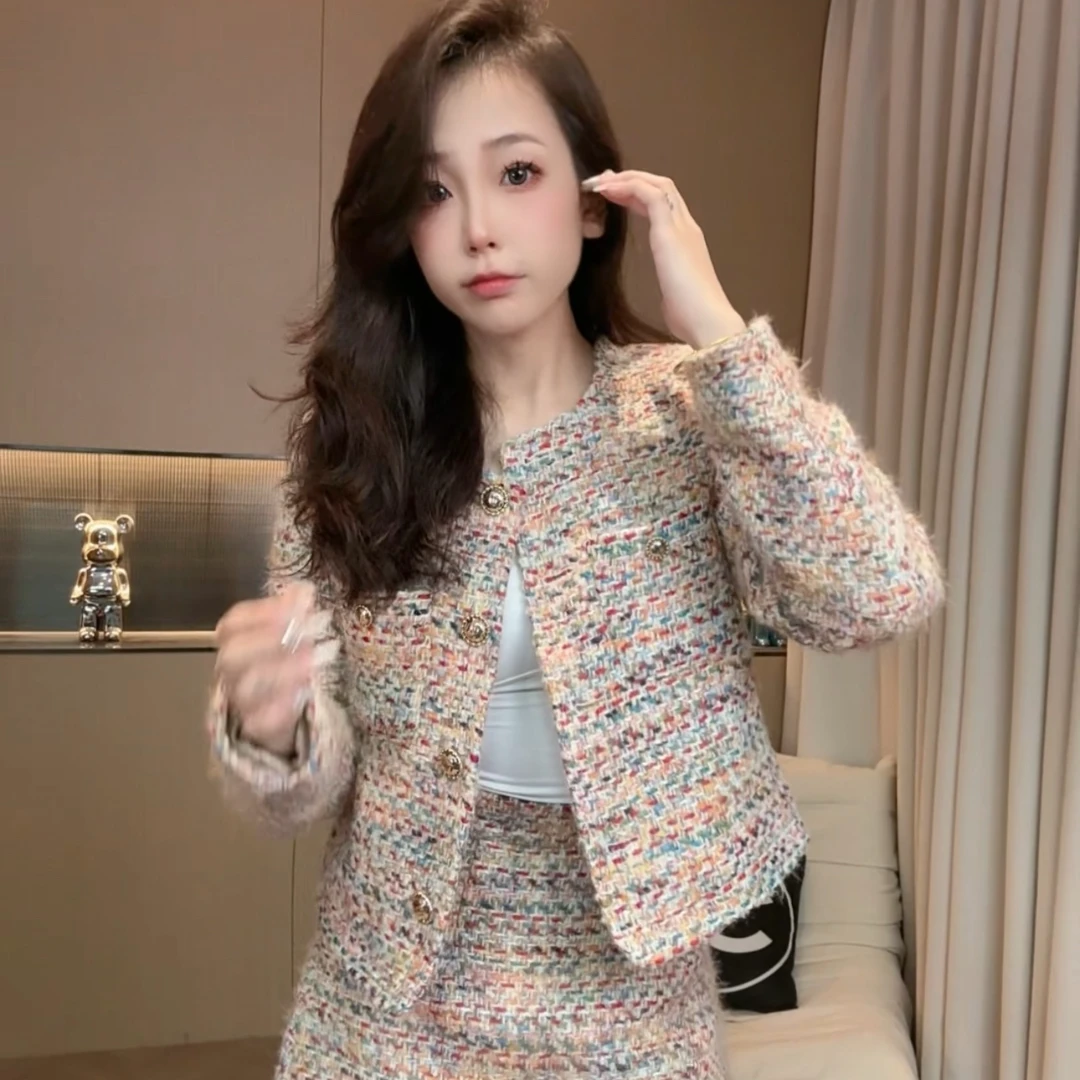 高级感小香风粗花呢短款外套女套装 2024秋冬季半身裙两件套