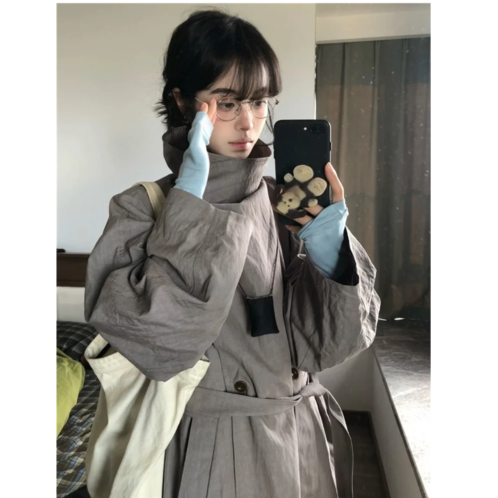 秋季高智感肌理褶皱立领风衣外套女ROW风宽松廓形长款大衣