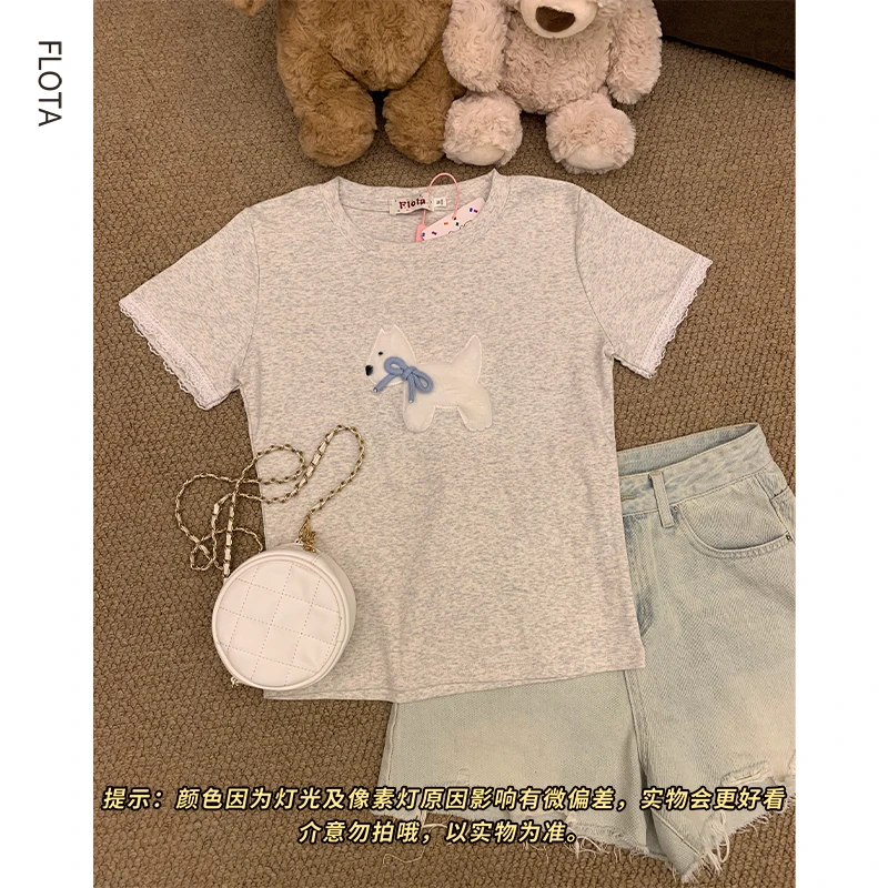 【现货】气质立体蝴蝶结西高地小狗刺绣圆领正肩修身显瘦T恤短袖女