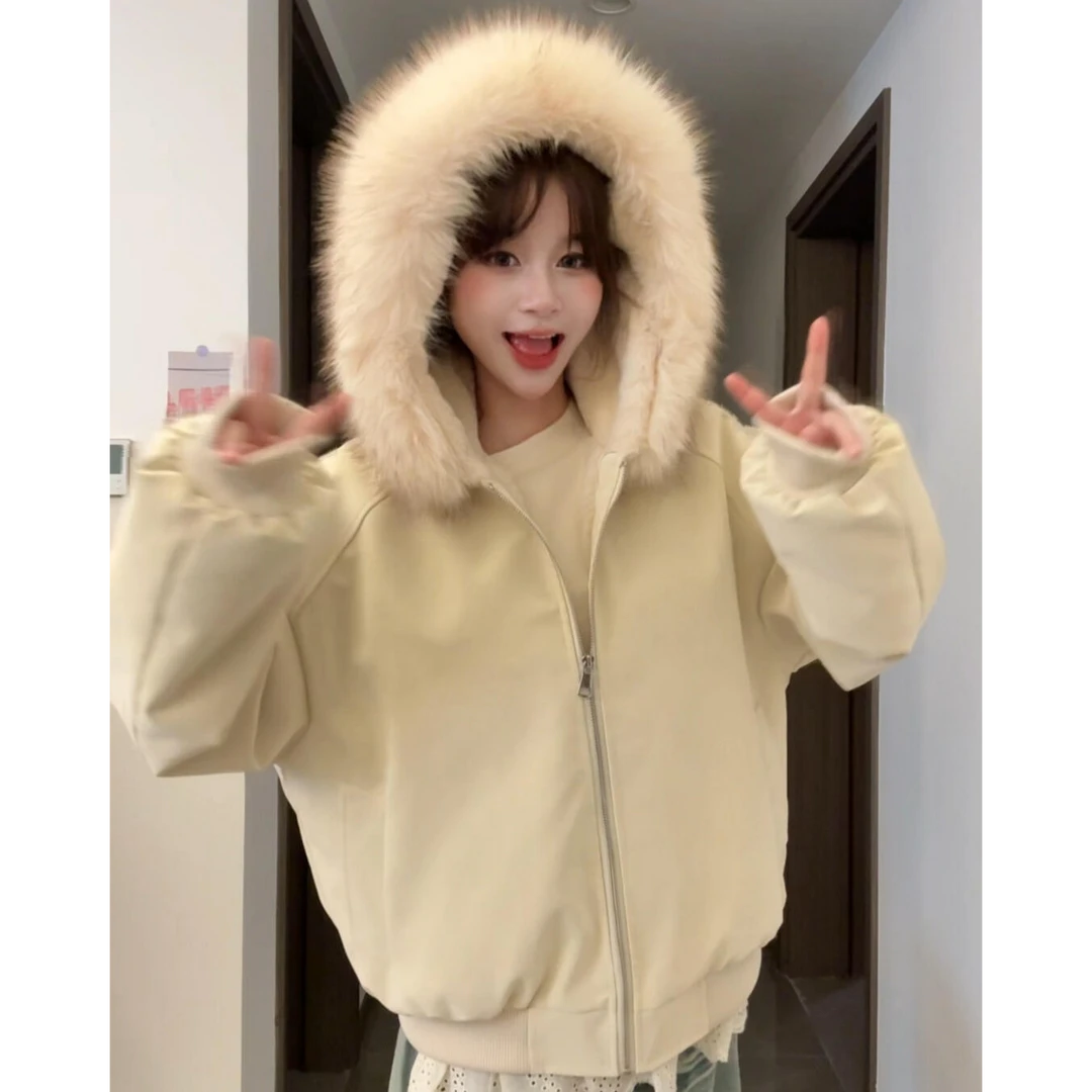 pu皮免洗棉服女冬2025冬季新款韩系宽松大毛领加绒加厚座山雕外套