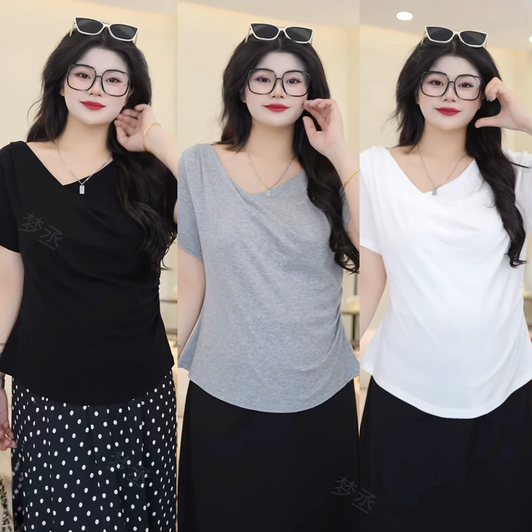 梦丞-大码女装夏季纯色简约一字领百搭收腰显瘦遮肉短袖T恤上衣