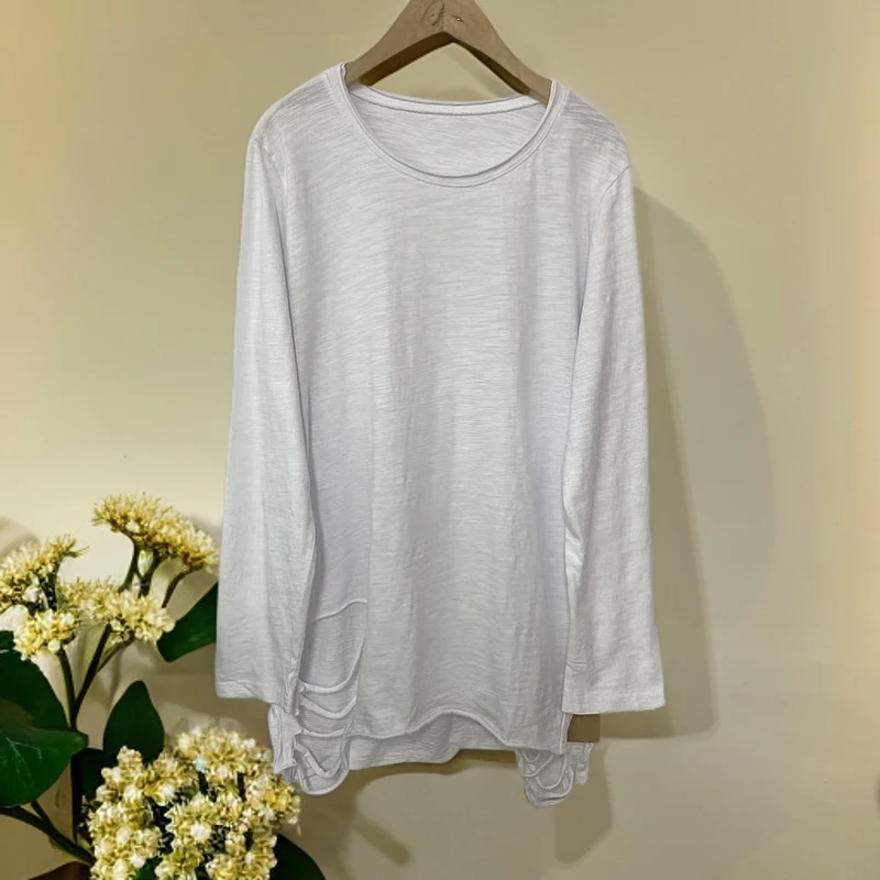7562破洞竹节棉长袖t恤宽松显瘦休闲百搭圆领上衣