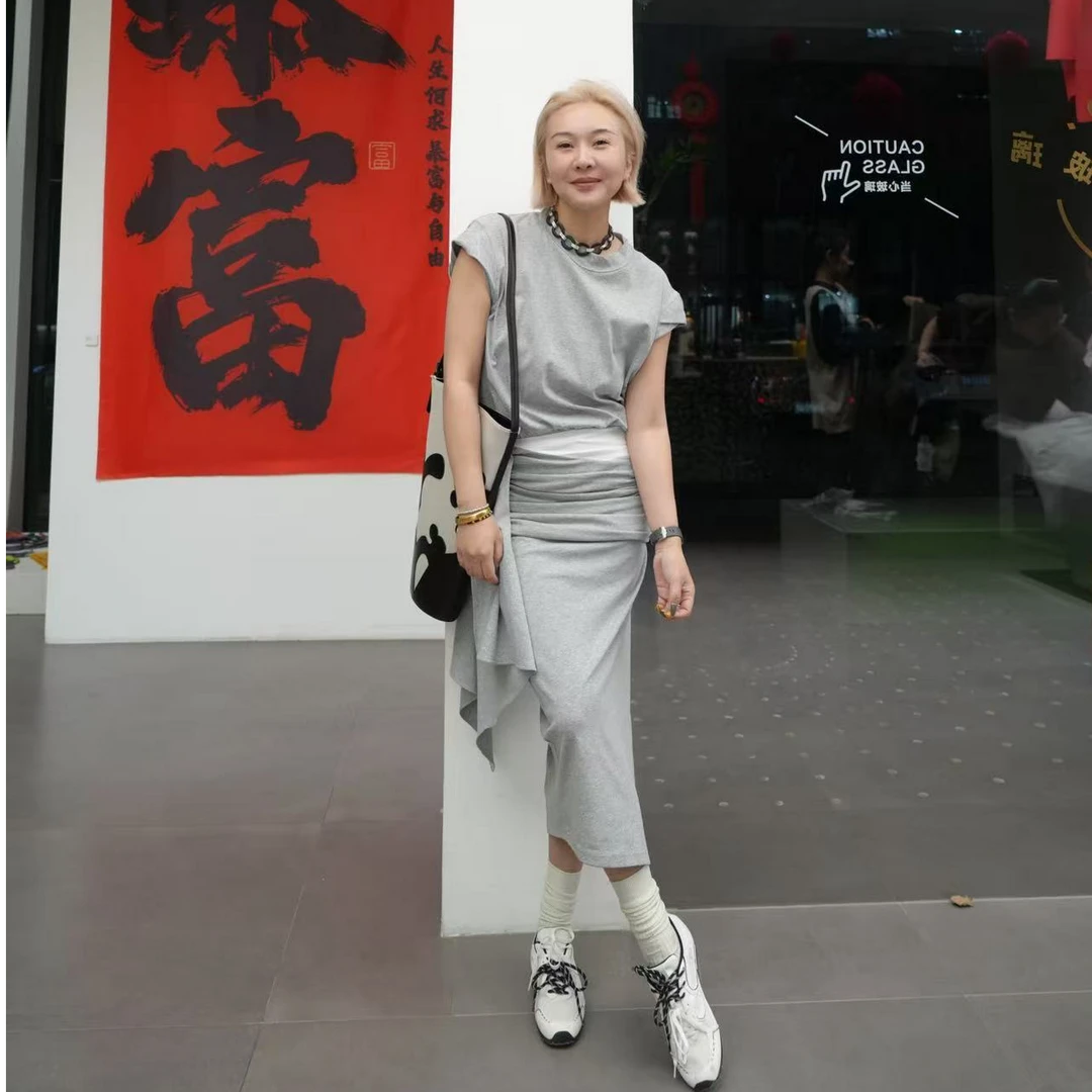 SHANG1BYSHANGYI灰色半袖连衣裙