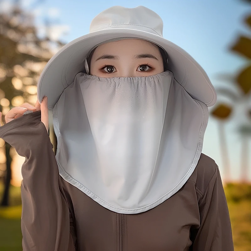 冰丝面罩护颈一体女防紫外线加大帽檐骑车防风遮阳工地遮脸采茶帽