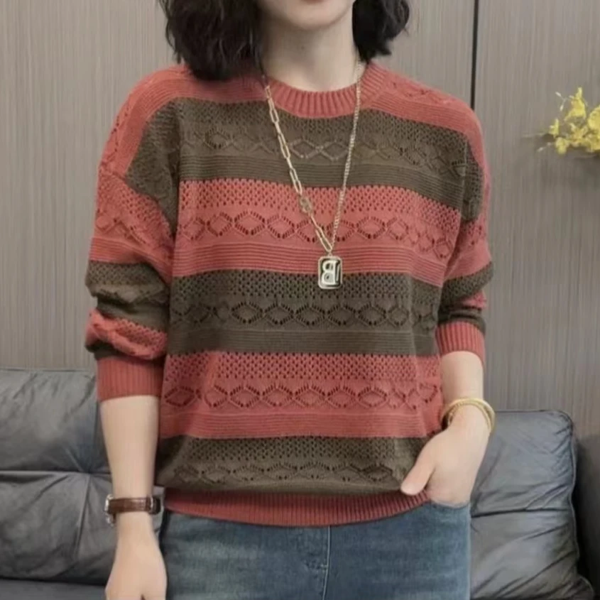 薄款针织衫女2025新款春季洋气韩版百搭宽松显瘦圆领长袖镂空上衣