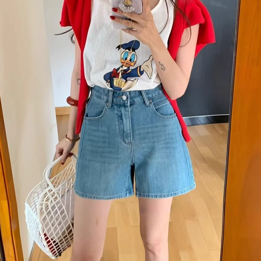 夏季新款设计感侧压线阔腿A字牛仔短裤梨型身材高腰遮胯四分热裤