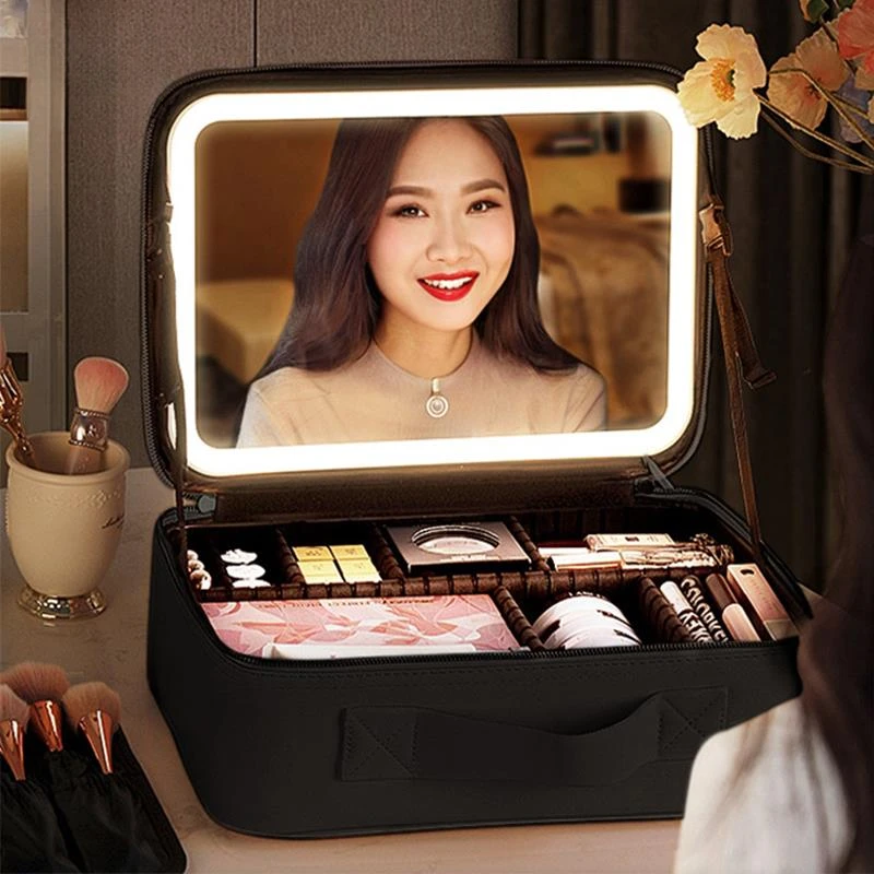 高端带灯化妆箱带镜灯化妆包女2024新款便携旅行大容量收纳盒