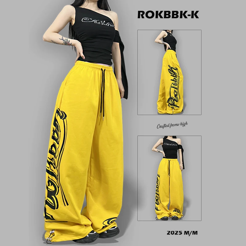 ROKBBK-K布韩街舞潮牌2025新款黄色休闲美式直筒长裤女百搭爵士舞