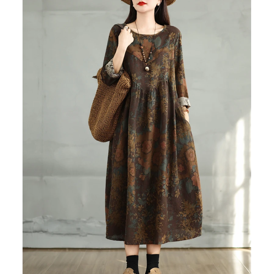 2025早秋新款新中式撞色印花长袖连衣裙大码宽松减龄显瘦A字裙子