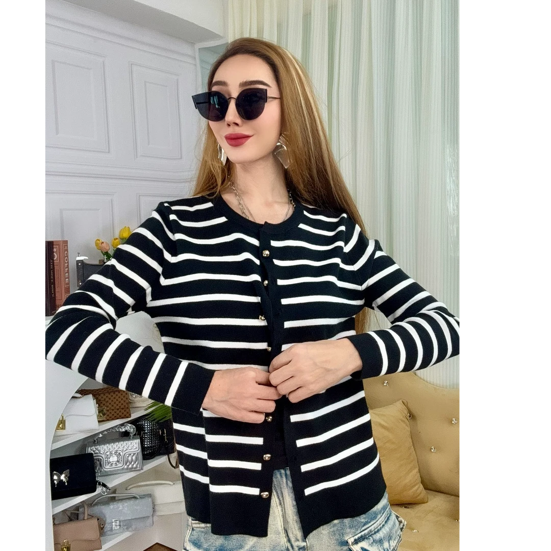 215-冬季春季条纹毛针织衫黑白上衣秋冬百搭宽松女装休闲圆领秋季