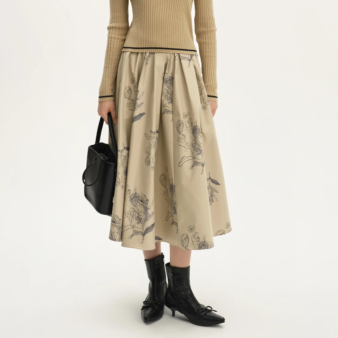 Eachway/艺之卉水墨菡萏印花文艺知性女装半身裙EU31A02579