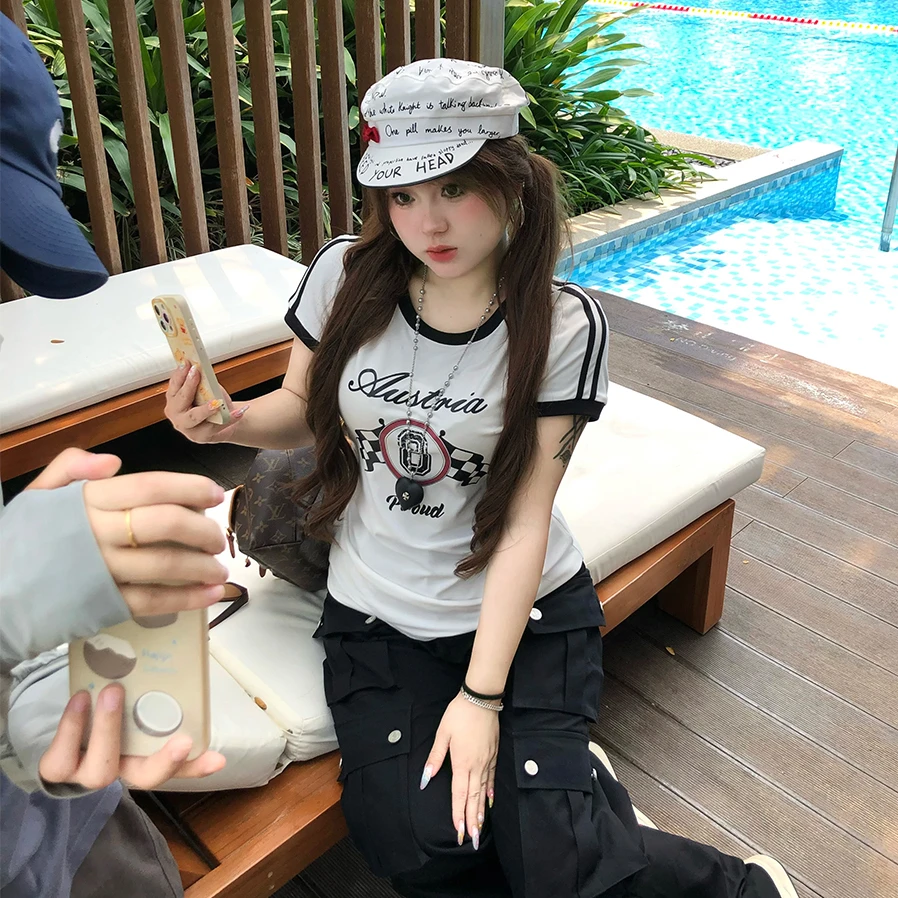 安妮不火【诺丁汉8号】新款小众设计赛车元素印花圆领T恤A251T0061