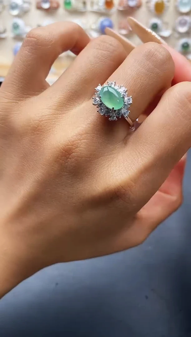 银S925镶嵌戒指翡翠缅甸天然A货翡翠1 6-2