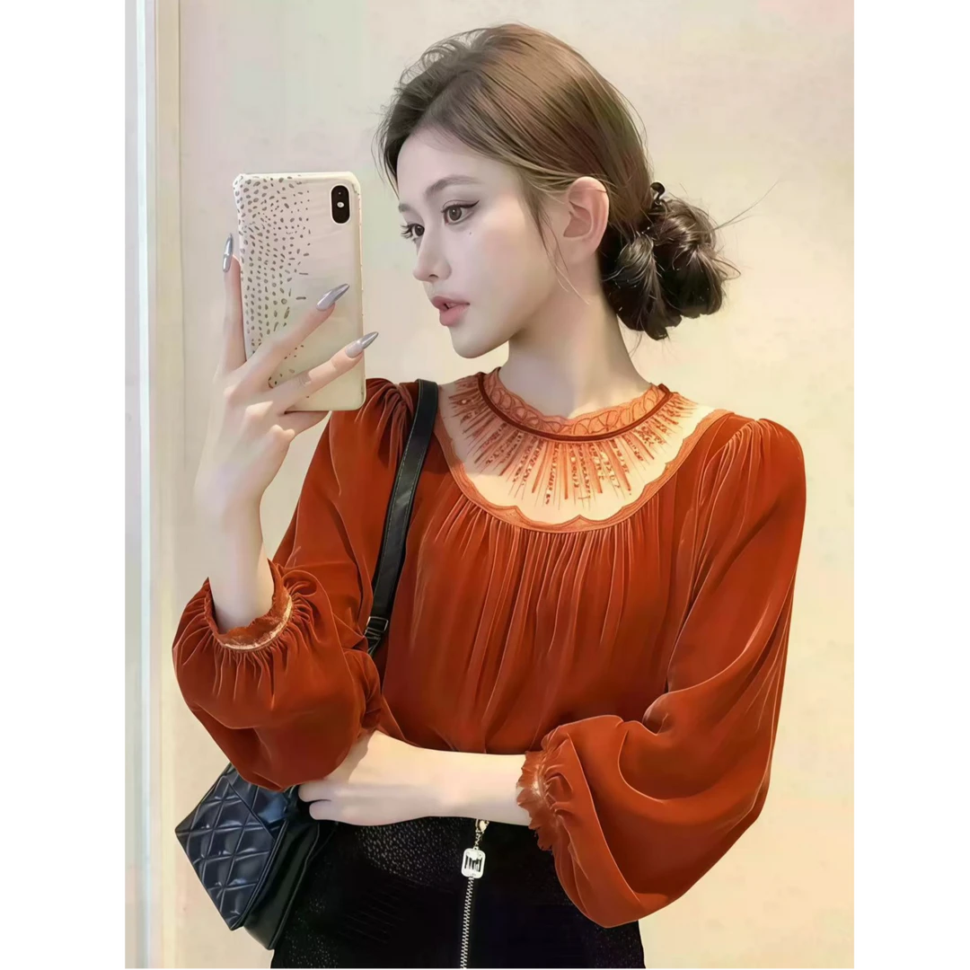 橘红色丝绒衬衫女冬高级感轻奢减龄洋气内搭独特漂亮法式气质上衣