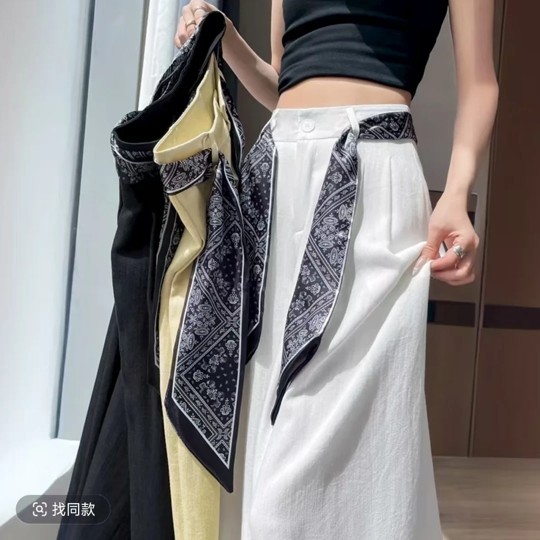 Y【现货+运费险+丝巾】棉麻冰丝裤子女薄款2025直筒宽松西装9977#