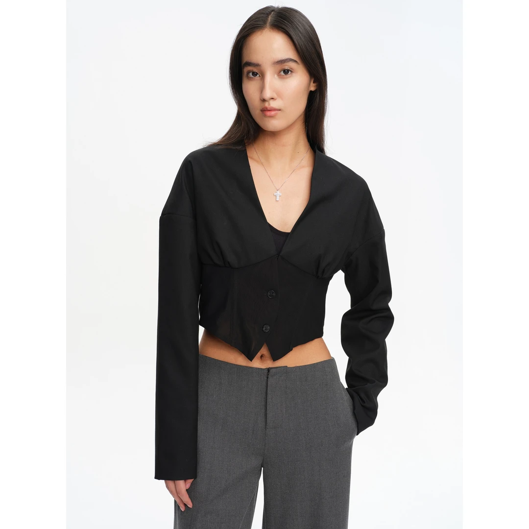 JOHNNYWU小众设计感V领落肩鱼骨微透修身收腰短款西装上衣