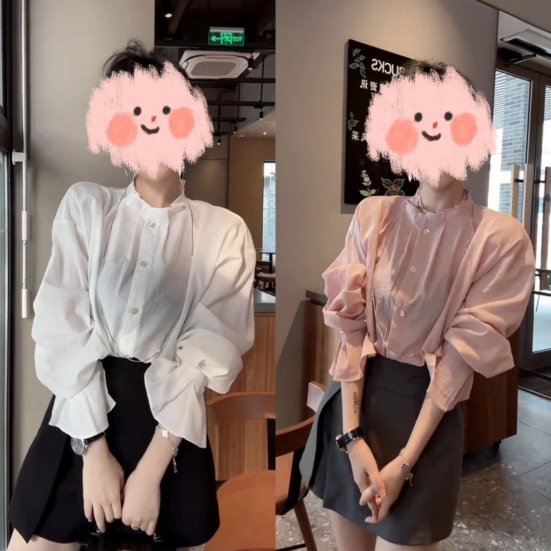 新款法式复古圆领长袖衬衫宽松百搭气质上衣高腰显瘦裤裙两件套