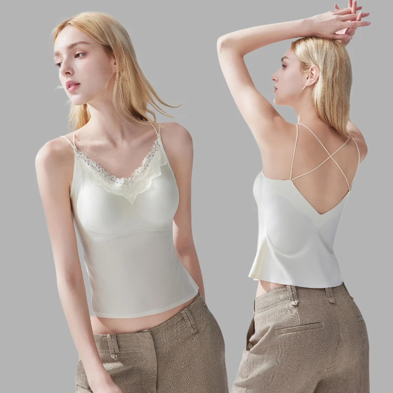桑蚕丝蕾丝无痕内搭带胸垫外穿吊带一体式美背内衣文胸一体背心