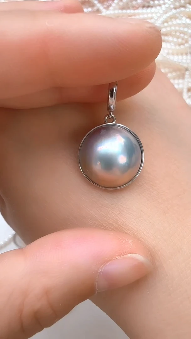 银S925镶嵌拼合珍珠（马贝珠）颈饰灰色光板通银款