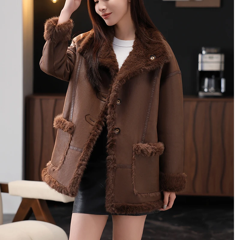 皮毛一体外套女2024冬季时尚新款中长款毛毛拼接修身加厚海宁大衣