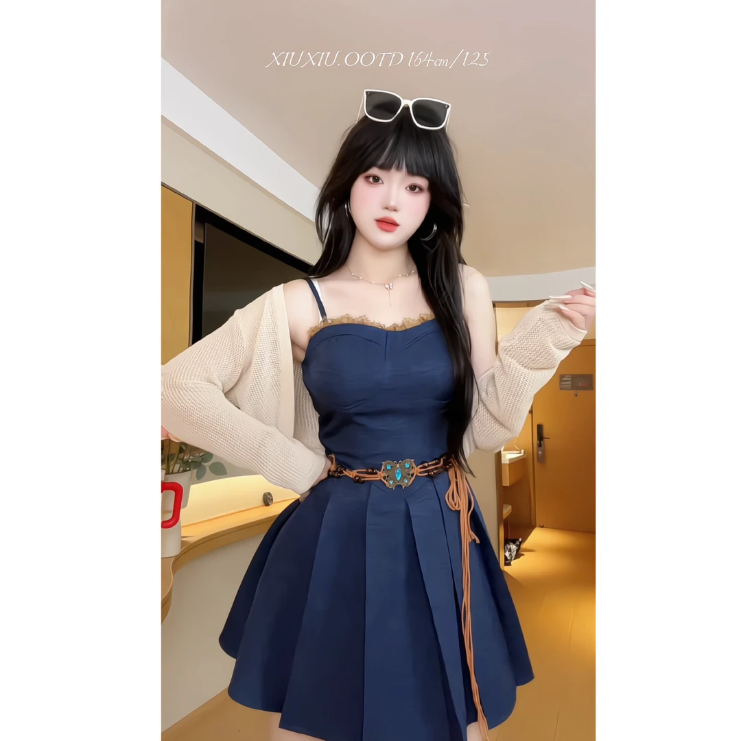 【蝴蝶情书】7936春夏款收腰复古风格纹衬衫百褶裙牛仔吊带裙套装