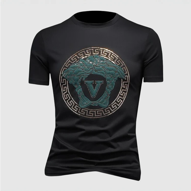 希敦纽勒男士重工烫钻短袖t恤男士半袖夏季修身时尚潮流百搭T恤衫