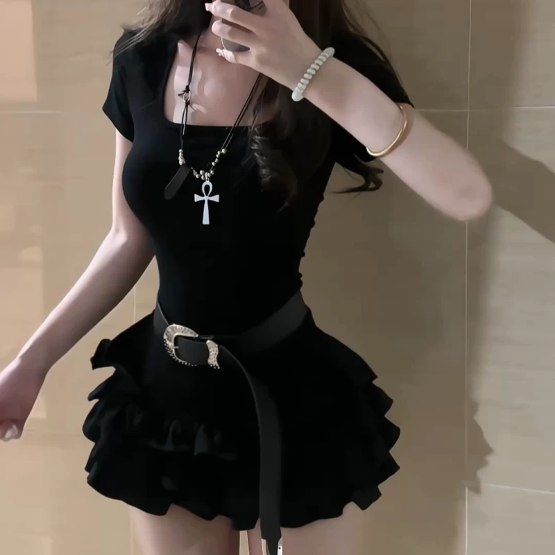 iqcq气球熊纯欲辣妹掐腰黑色花边拼接连衣裙女收腰显瘦蓬蓬蛋糕裙