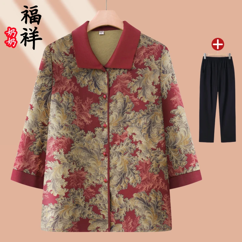 中老年人清凉夏装妈妈装七分袖衬衫老人翻领奶奶装老太太夏季衣服