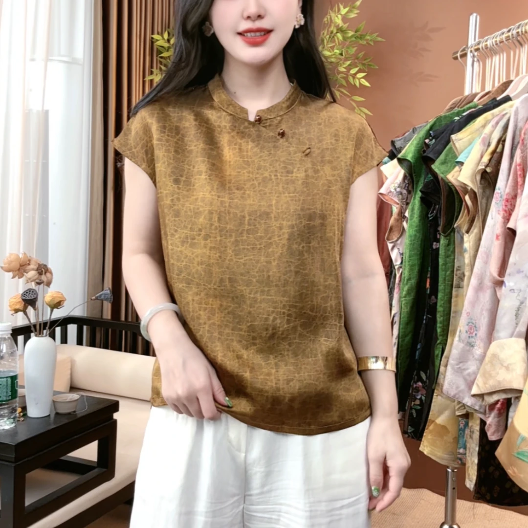 夏季新中式桑蚕丝盘扣立领短袖提花时尚中国风百搭气质短袖女S279