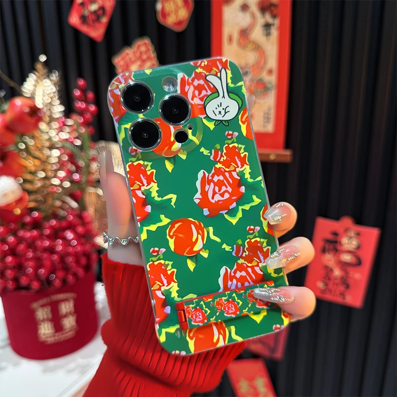 东北大花绿底支架适用苹果16PROMAX手机壳红色超薄无边框设计