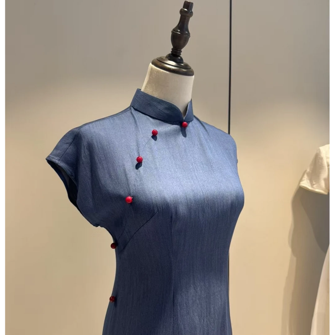 【欢渡】苏囡囡湖蓝色旗袍清新雅致长款2025春夏新款日常连衣裙