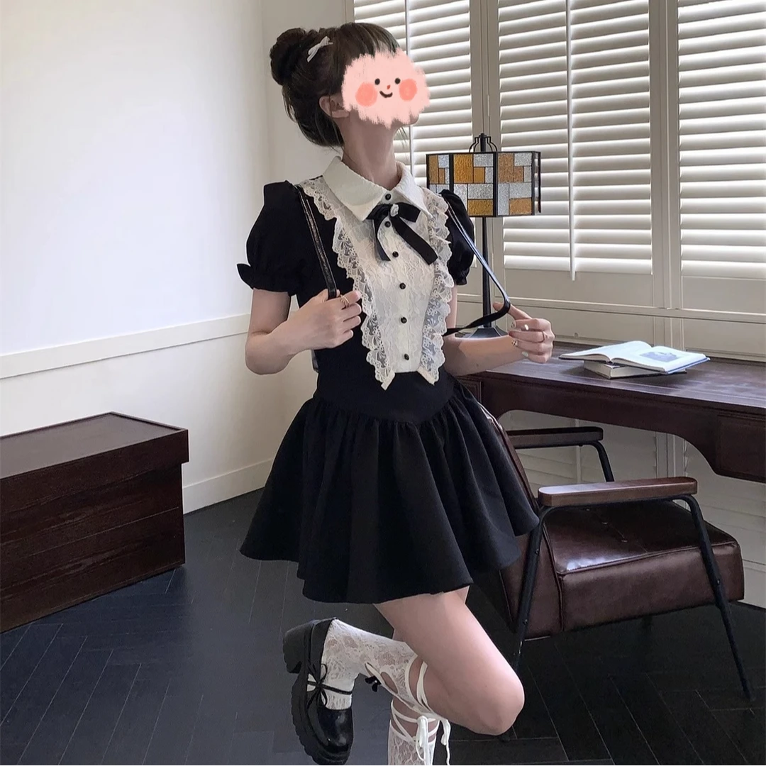 黑白撞蕾丝蓬蓬裙短裙学院法式复古千金裙
