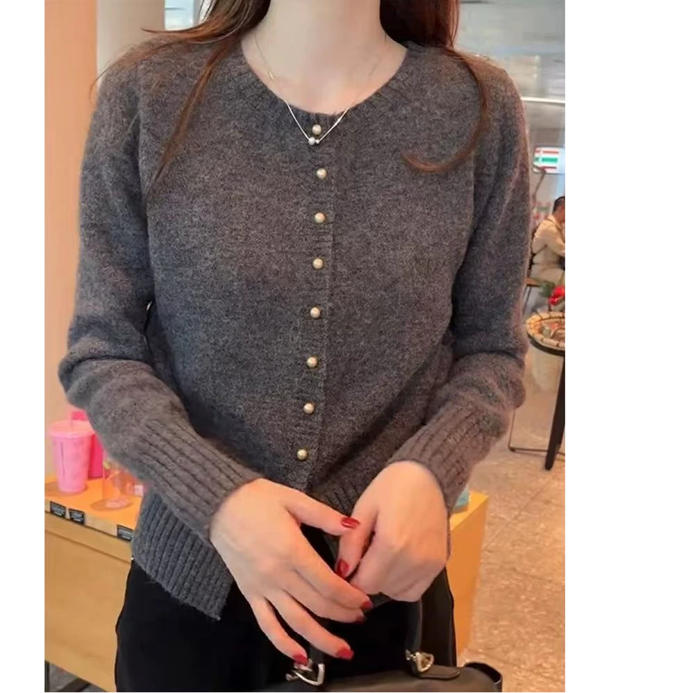 【专属】高级灰时尚显瘦圆领单排扣针织衫春装韩版休闲外套