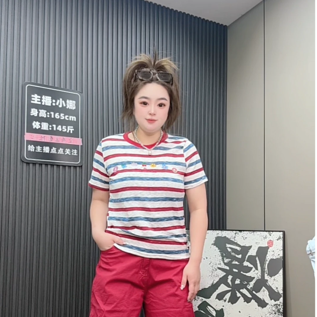 小娜家.夏季雪花棉红刺绣短袖99912