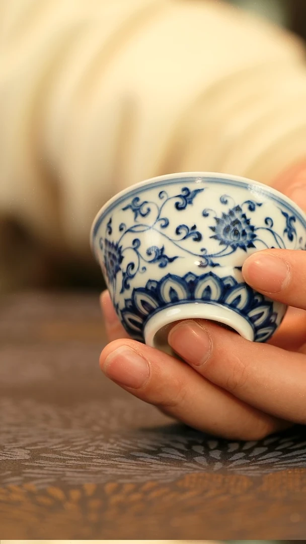 中式仿明青花缠枝莲铃铛杯