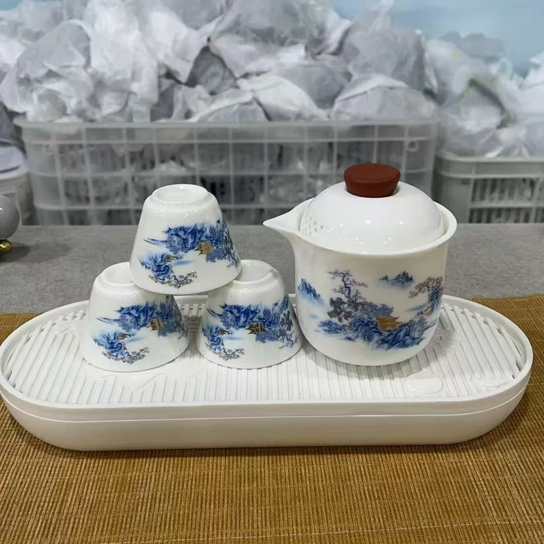 羊脂玉山水如画一壶三杯带茶盘旅行茶具套装