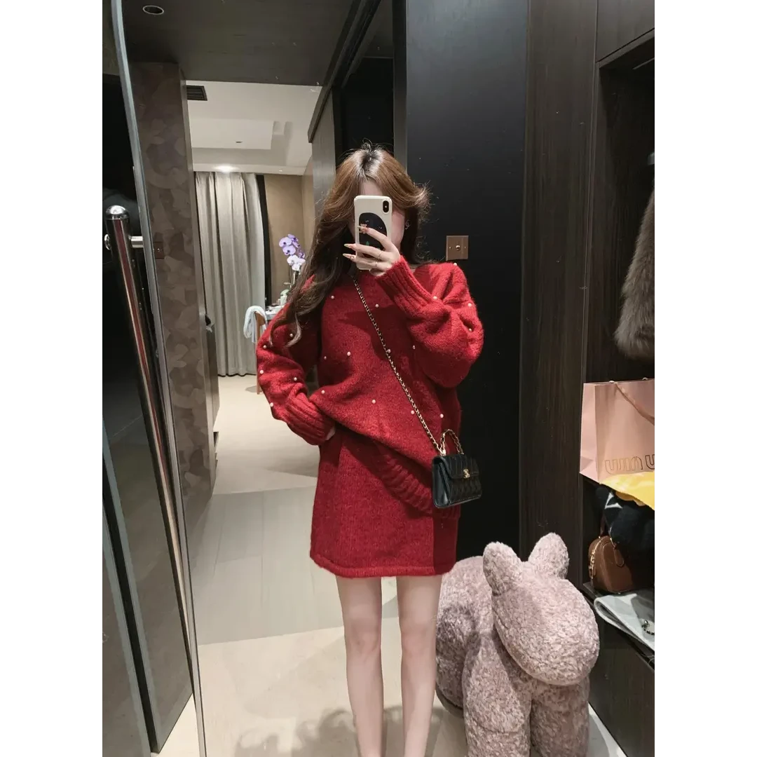 新年穿搭围感亲肤软糯重工钉珠显瘦针织毛衣高腰松紧半身裙套装女