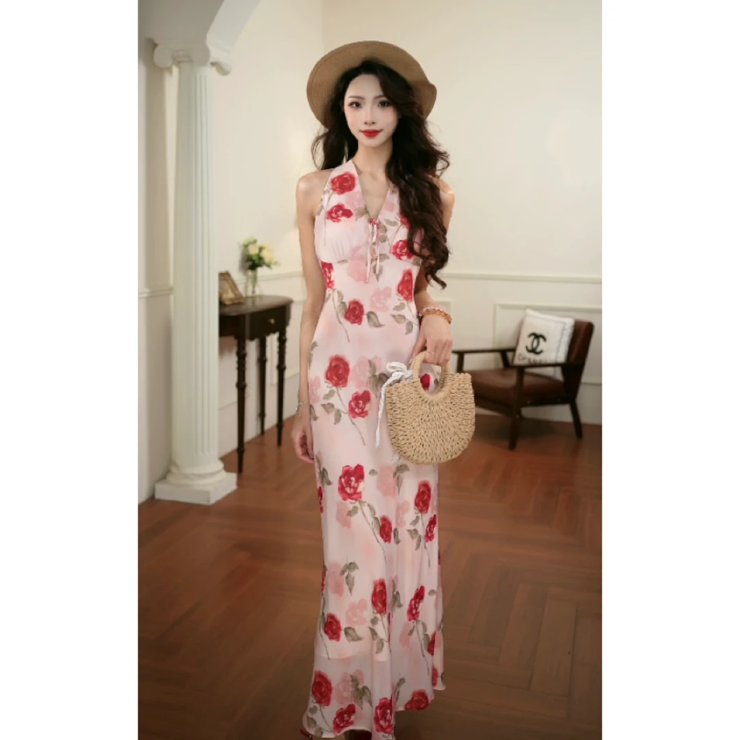 酒午玫瑰满印V领连衣裙女春修身气质性感纯欲甜美显瘦长裙YS599