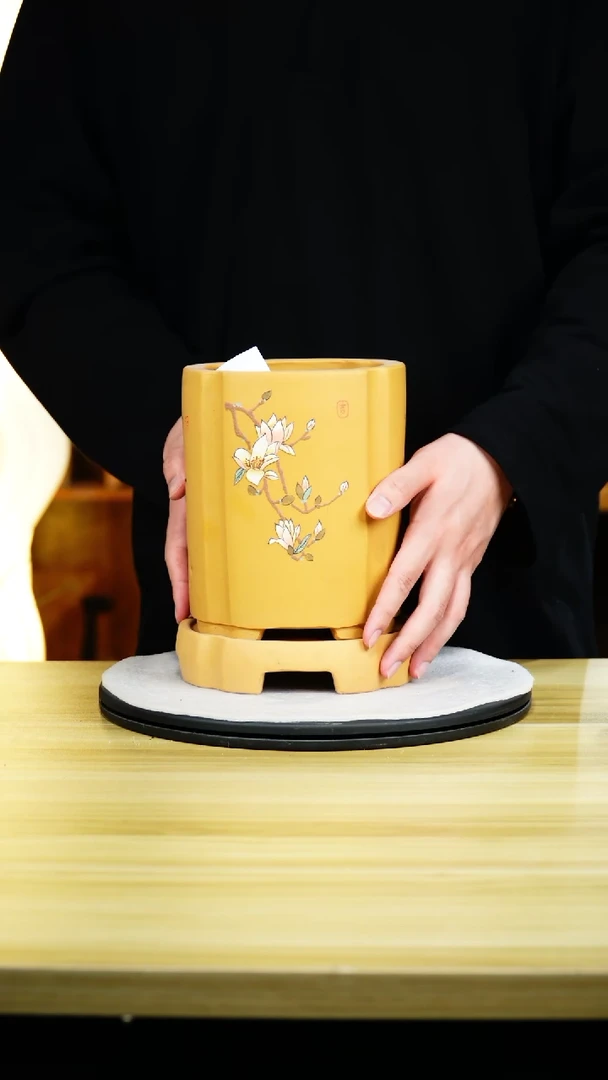 紫砂花盆四方抽角泥绘紫砂花盆