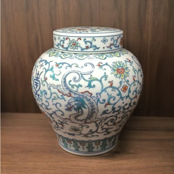 涂杏花窑斗彩夔龙寿字纹盖罐TXH-C0032
