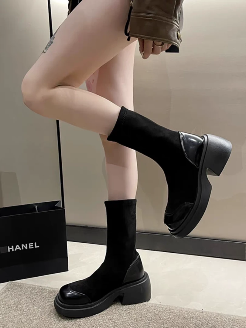 时尚部落过膝靴子女2025新款秋冬季小个子长高筒靴黑色中筒瘦瘦靴