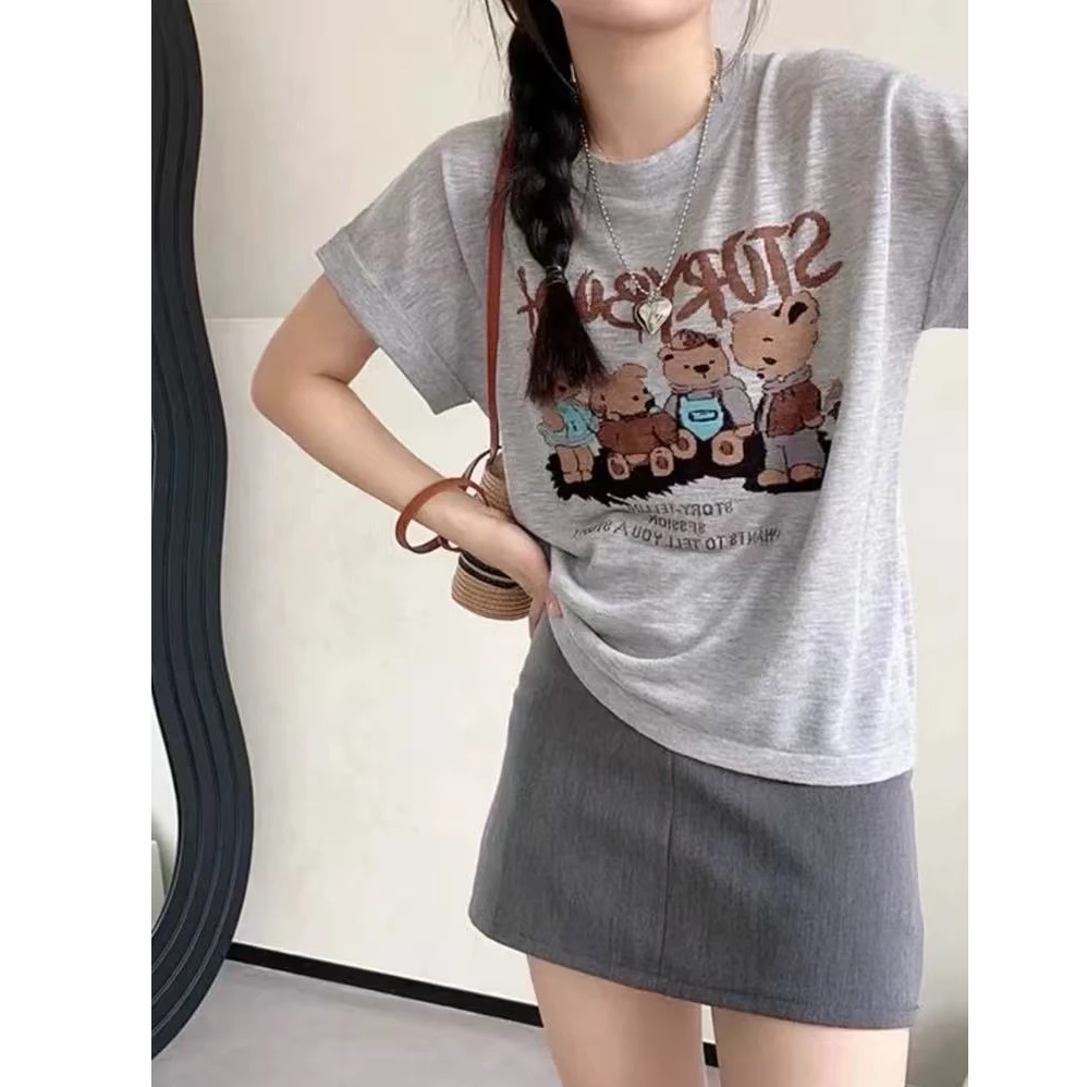 2025夏季新款卡通小熊短袖女装上衣圆领时尚显瘦T恤1177