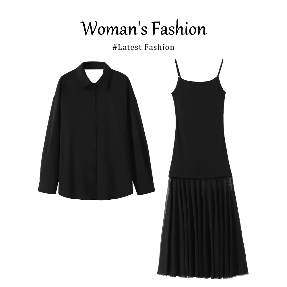 时髦御姐露背抽绳长袖衬衫上衣网纱拼接吊带裙独特设计两件套女