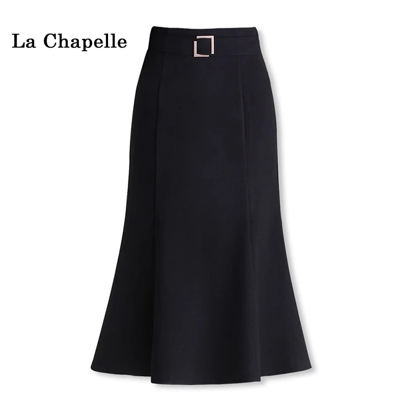 拉夏贝尔黑色毛呢鱼尾半身裙女秋季2025新款气质高腰呢子包臀半裙