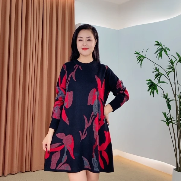 445时尚网红百搭显瘦秋冬针织连衣裙提花不褪色高弹力新中式