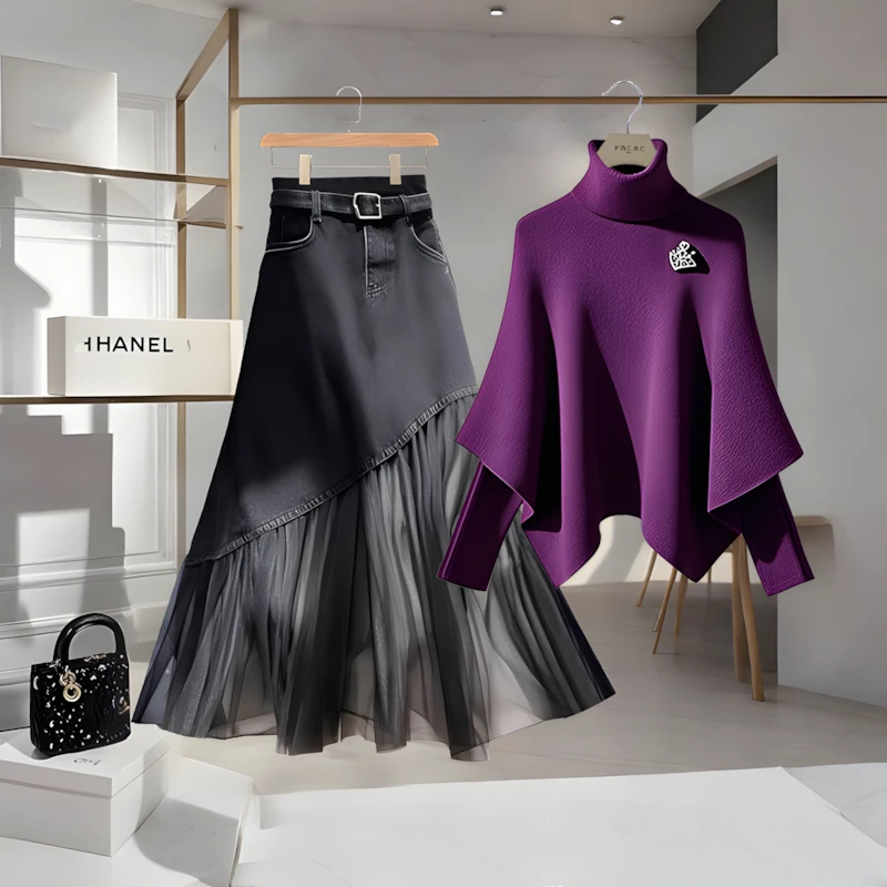 2025春季慵懒高级感超好看斗篷毛衣牛仔网纱拼接a字半身裙子套装