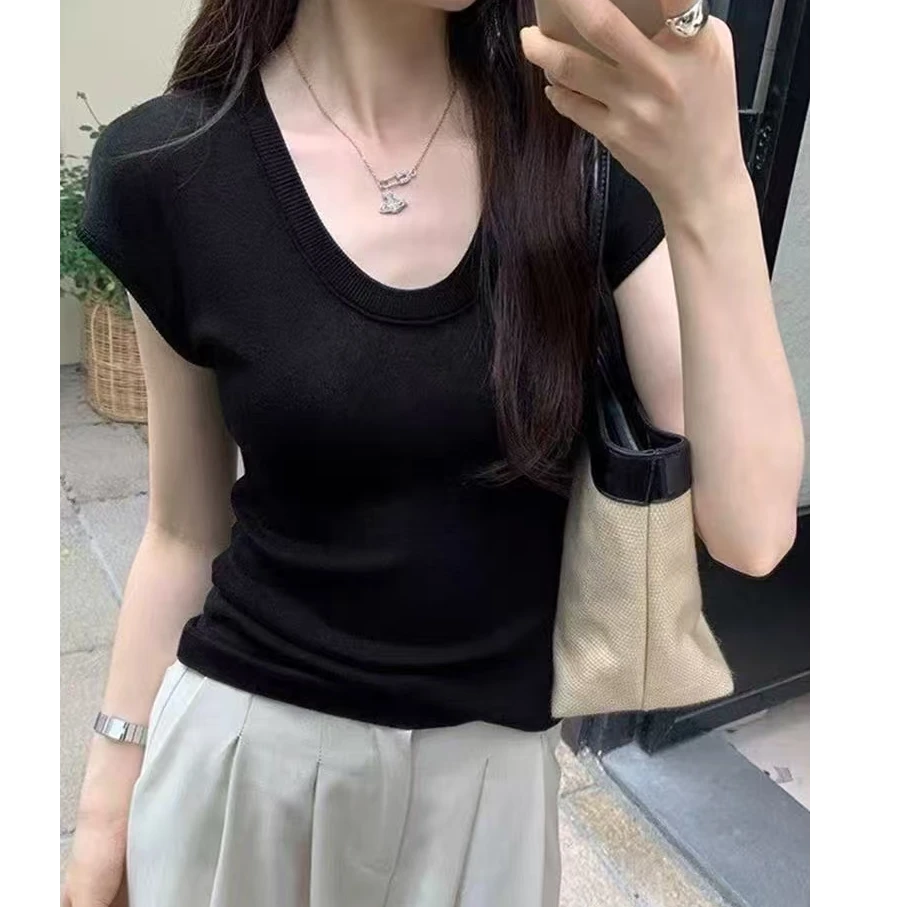 2025早秋新款鸡心领拼接短袖常规款飞飞袖T恤打底衫无袖内搭上衣