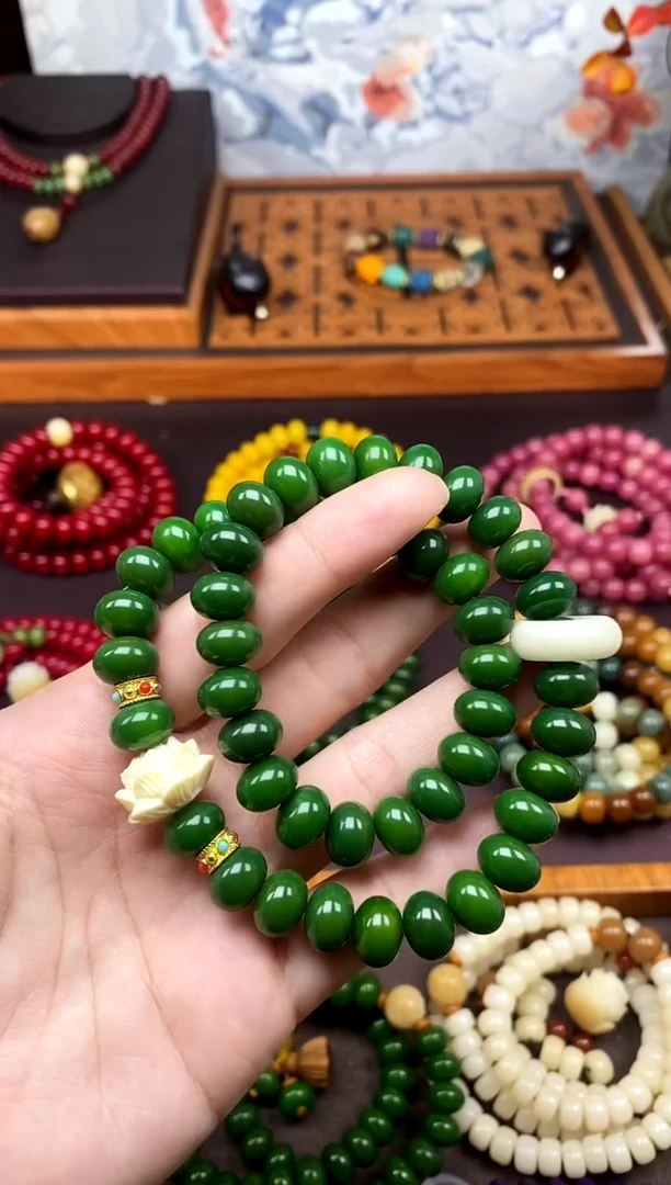 手串白玉菩提翠微 绿菩提双圈手串带莲花